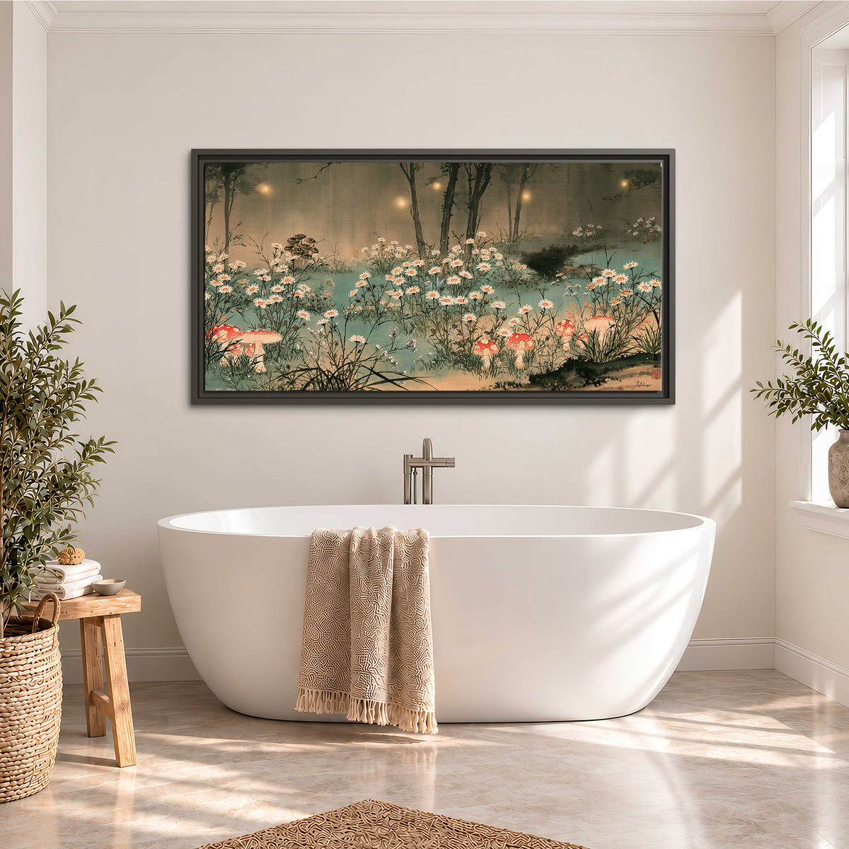 A wide meadow of white daisies and small red mushrooms beneath dark woodland trees single framed canvas wall art styled in an interior