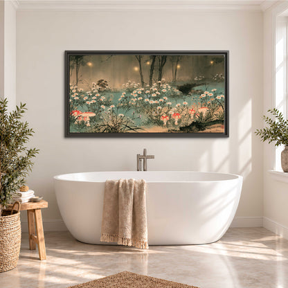 A wide meadow of white daisies and small red mushrooms beneath dark woodland trees single framed canvas wall art styled in an interior