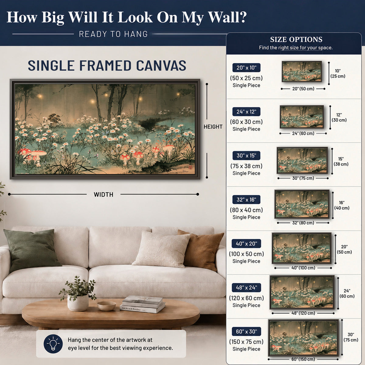 A wide meadow of white daisies and small red mushrooms beneath dark woodland trees single framed canvas wall art size guide above a sofa; room view is illustrative