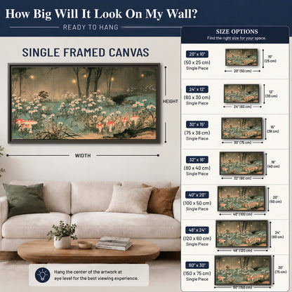 A wide meadow of white daisies and small red mushrooms beneath dark woodland trees single framed canvas wall art size guide above a sofa; room view is illustrative