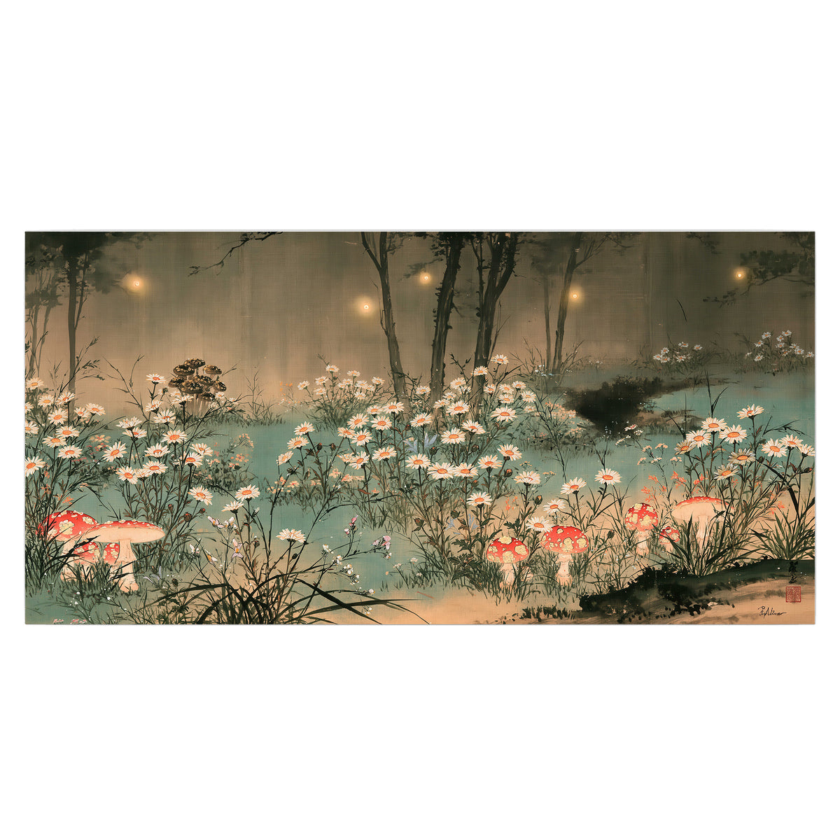 A wide meadow of white daisies and small red mushrooms beneath dark woodland trees single poster print viewed straight on