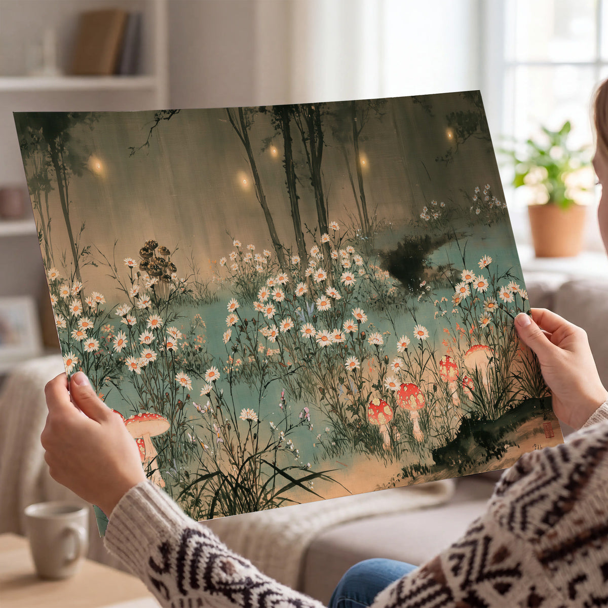 A wide meadow of white daisies and small red mushrooms beneath dark woodland trees single poster print held in hands