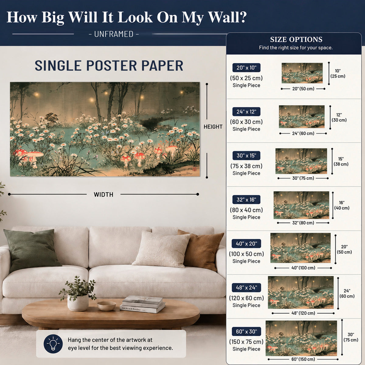 A wide meadow of white daisies and small red mushrooms beneath dark woodland trees single poster print size guide above a sofa; room view is illustrative