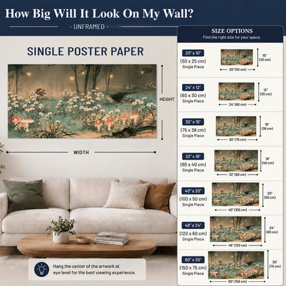 A wide meadow of white daisies and small red mushrooms beneath dark woodland trees single poster print size guide above a sofa; room view is illustrative