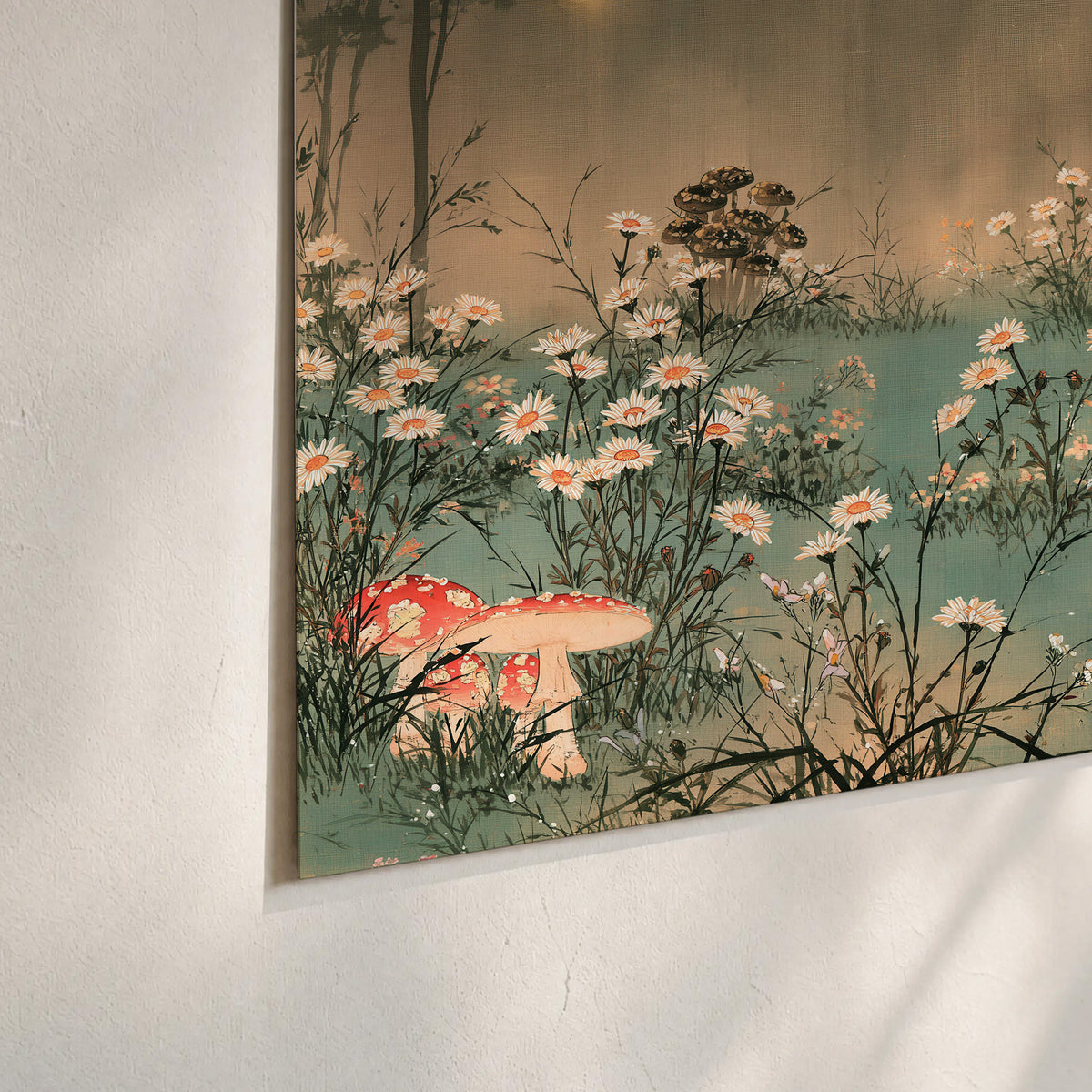 A wide meadow of white daisies and small red mushrooms beneath dark woodland trees set of 3 poster prints material and edge close up