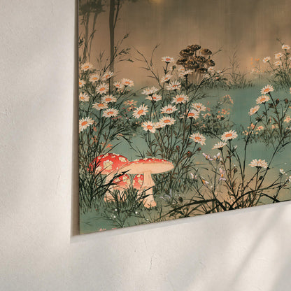 A wide meadow of white daisies and small red mushrooms beneath dark woodland trees set of 3 poster prints material and edge close up