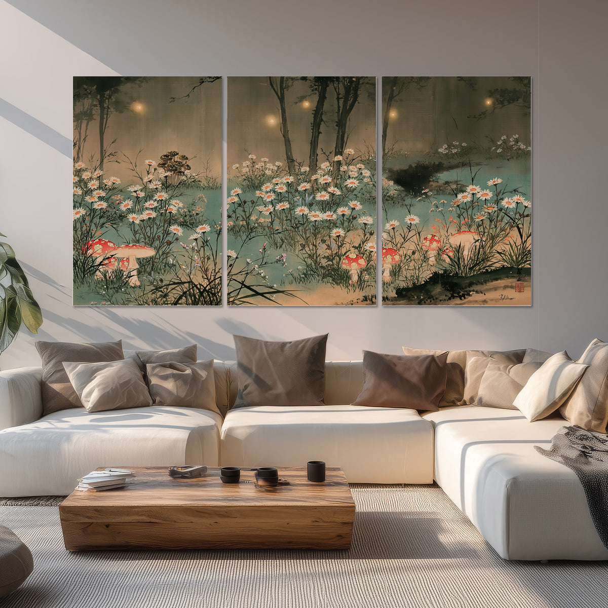 A wide meadow of white daisies and small red mushrooms beneath dark woodland trees set of 3 poster prints displayed in a living room
