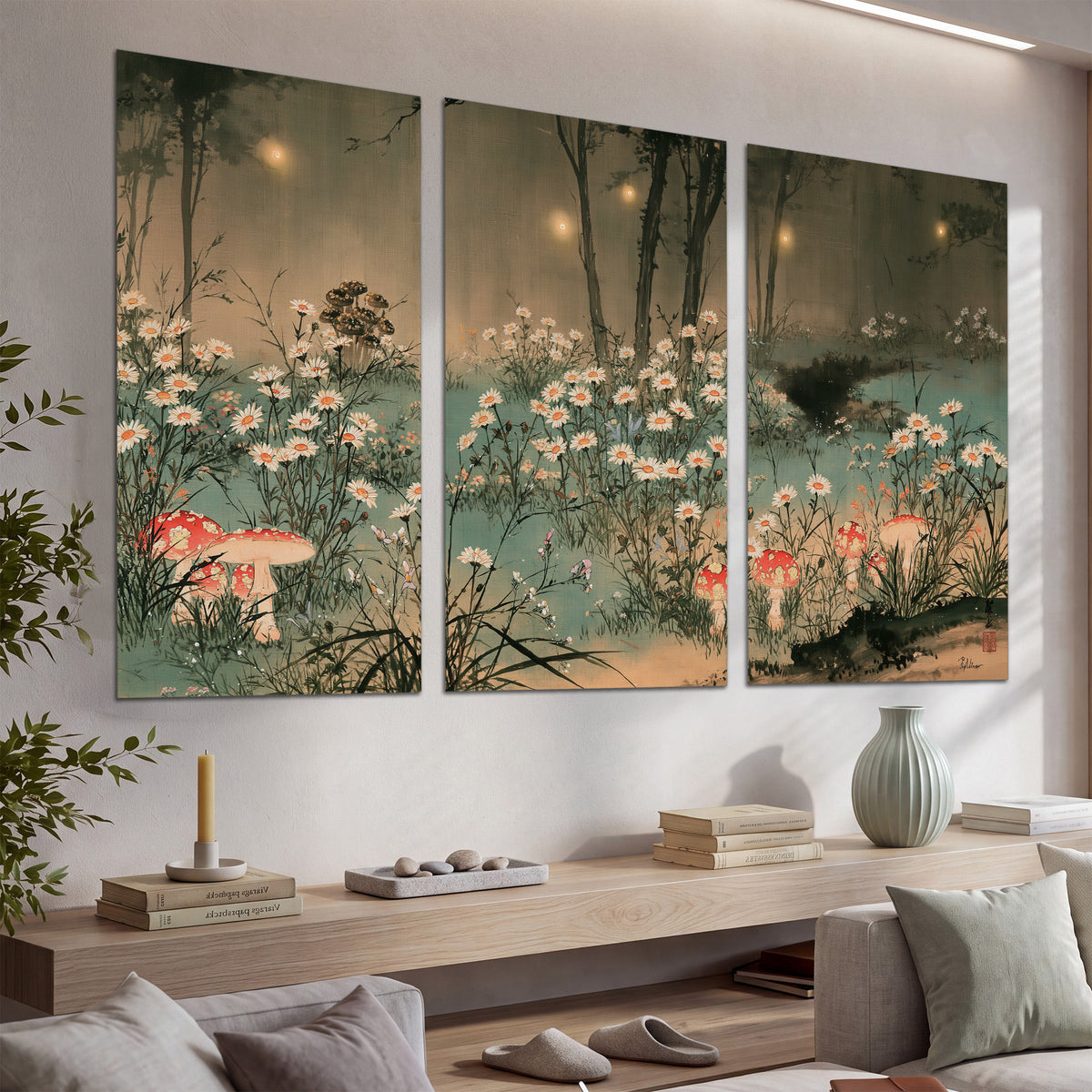 A wide meadow of white daisies and small red mushrooms beneath dark woodland trees set of 3 poster prints displayed in a console