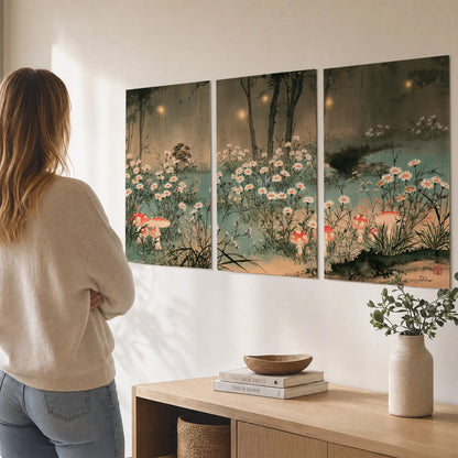 A wide meadow of white daisies and small red mushrooms beneath dark woodland trees set of 3 poster prints three panel arrangement on a wall
