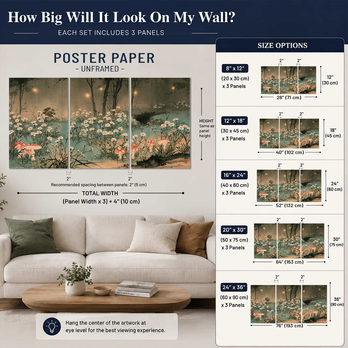 A wide meadow of white daisies and small red mushrooms beneath dark woodland trees set of 3 poster prints size guide above a sofa; room view is illustrative