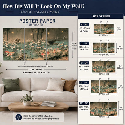 A wide meadow of white daisies and small red mushrooms beneath dark woodland trees set of 3 poster prints size guide above a sofa; room view is illustrative