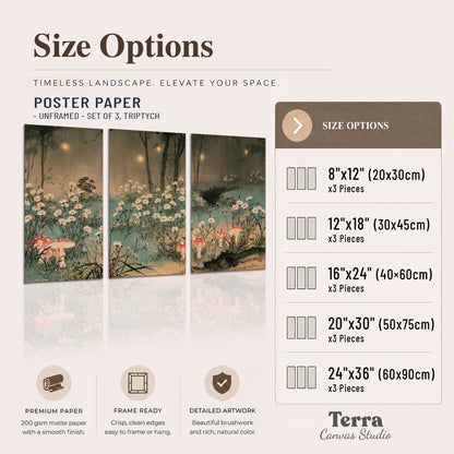 A wide meadow of white daisies and small red mushrooms beneath dark woodland trees set of 3 poster prints available dimensions; triptych dimensions are per panel
