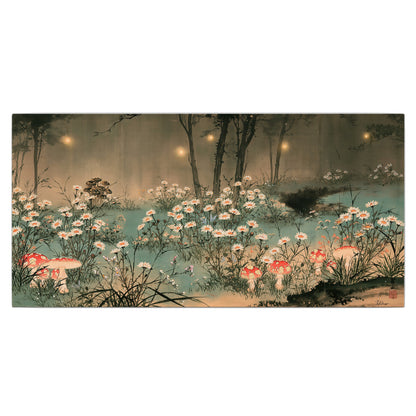 A wide meadow of white daisies and small red mushrooms beneath dark woodland trees single canvas wall art viewed straight on