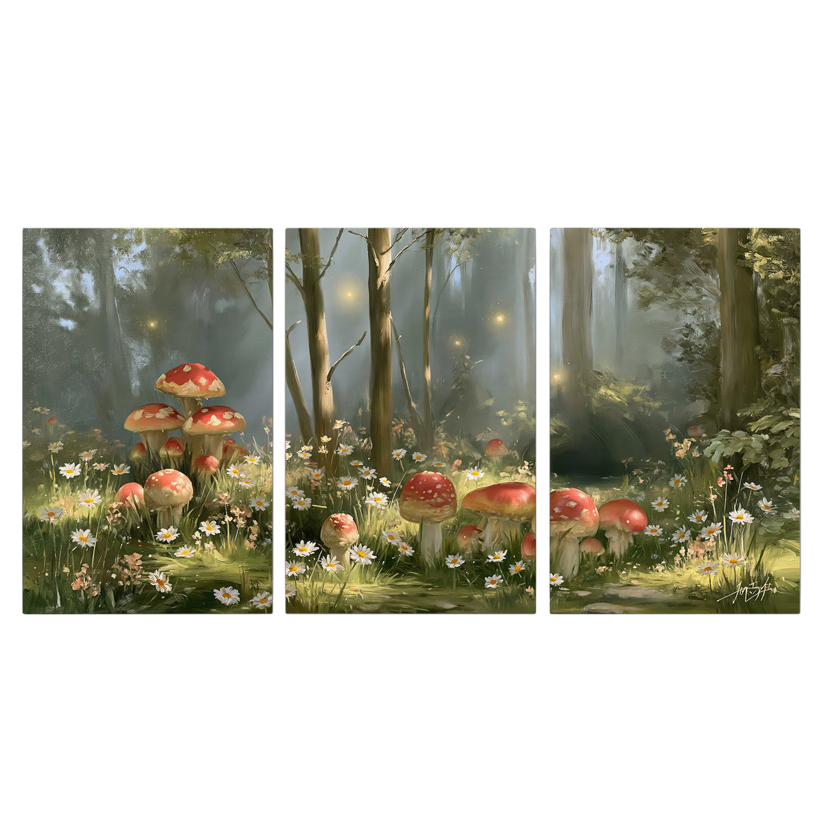 Red-capped mushrooms and white flowers beside tall trees in a sunlit forest 3 piece canvas wall art viewed straight on