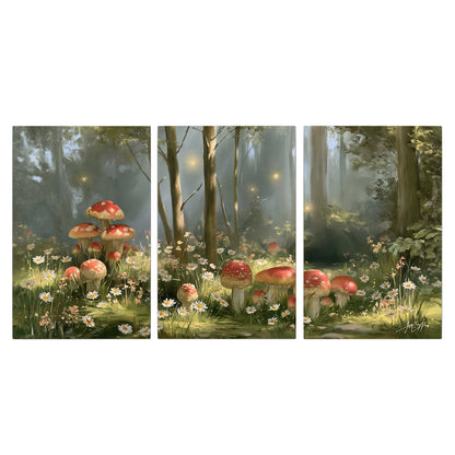 Red-capped mushrooms and white flowers beside tall trees in a sunlit forest 3 piece canvas wall art viewed straight on