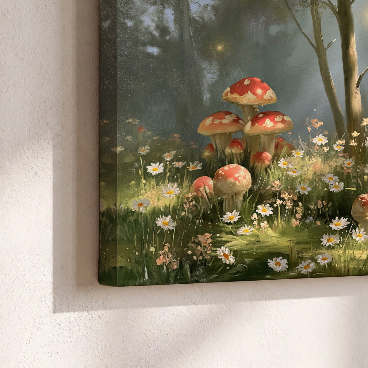 Red-capped mushrooms and white flowers beside tall trees in a sunlit forest 3 piece canvas wall art material and edge close up