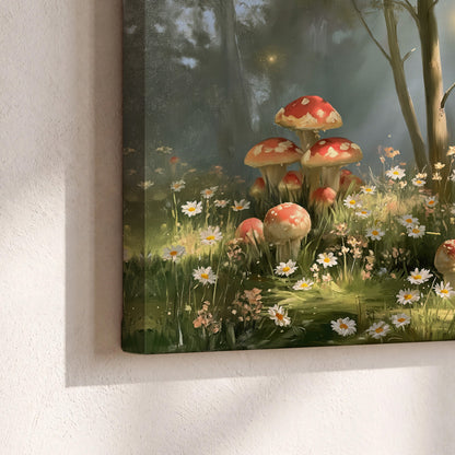 Red-capped mushrooms and white flowers beside tall trees in a sunlit forest 3 piece canvas wall art material and edge close up