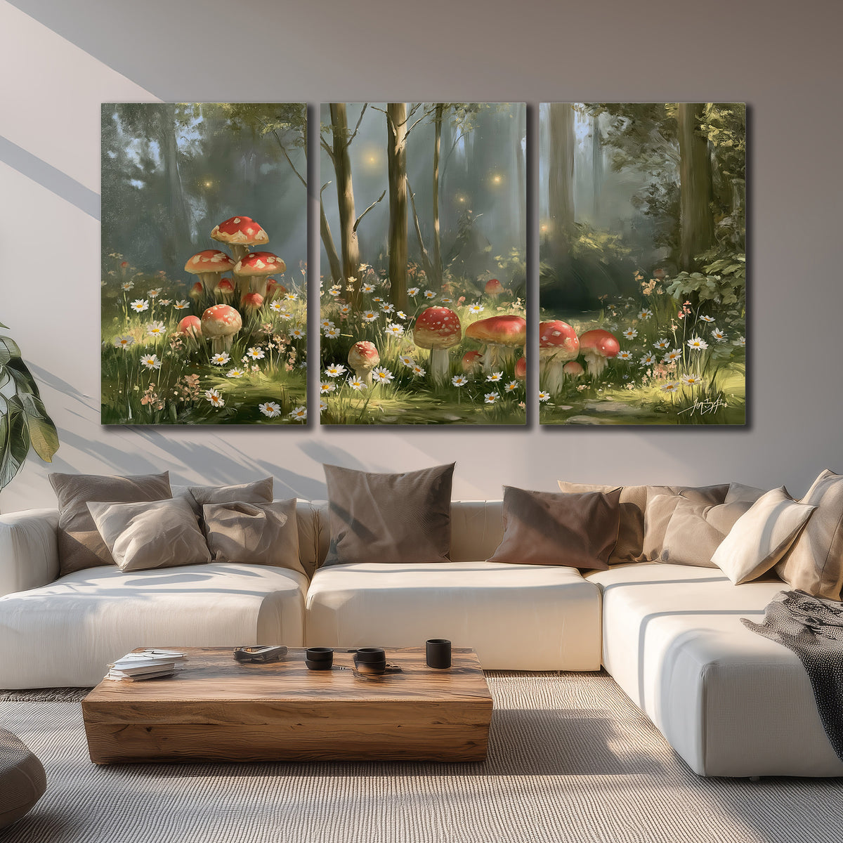 Red-capped mushrooms and white flowers beside tall trees in a sunlit forest 3 piece canvas wall art displayed in a living room