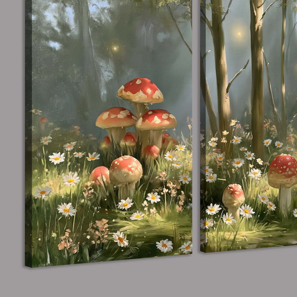 Red-capped mushrooms and white flowers beside tall trees in a sunlit forest 3 piece canvas wall art room and product view