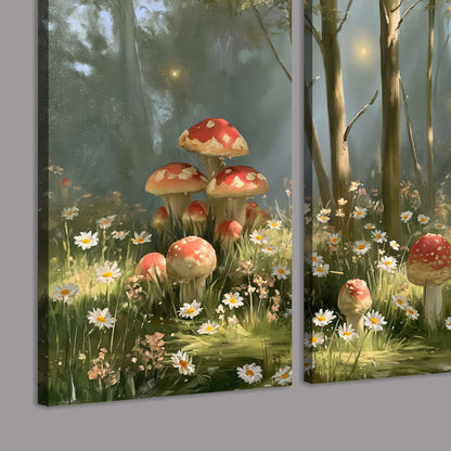 Red-capped mushrooms and white flowers beside tall trees in a sunlit forest 3 piece canvas wall art room and product view