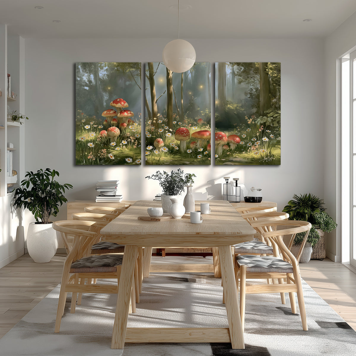 Red-capped mushrooms and white flowers beside tall trees in a sunlit forest 3 piece canvas wall art room and product view