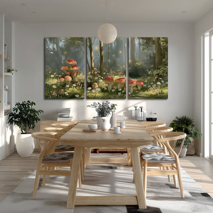Red-capped mushrooms and white flowers beside tall trees in a sunlit forest 3 piece canvas wall art room and product view