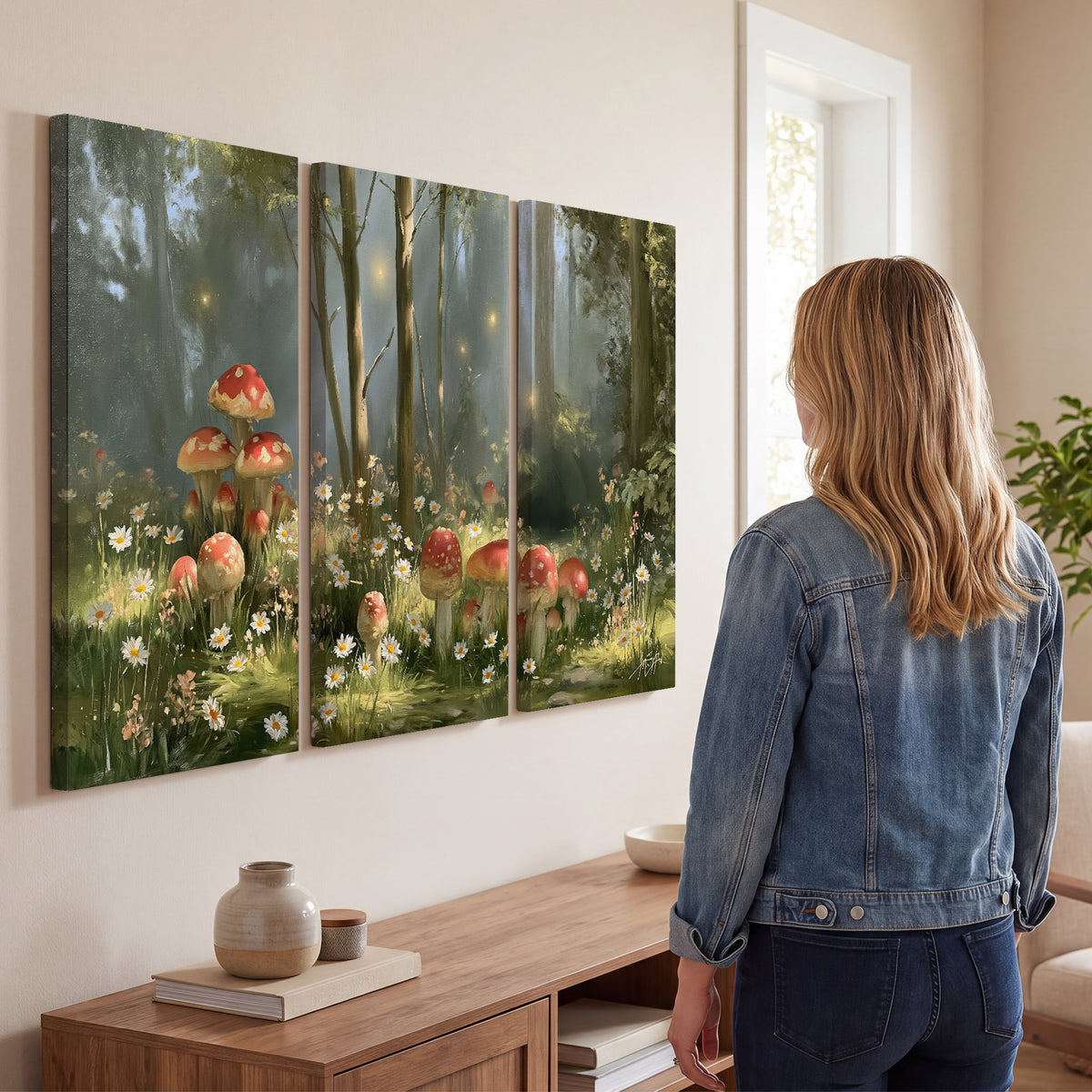 Red-capped mushrooms and white flowers beside tall trees in a sunlit forest 3 piece canvas wall art three panel arrangement on a wall