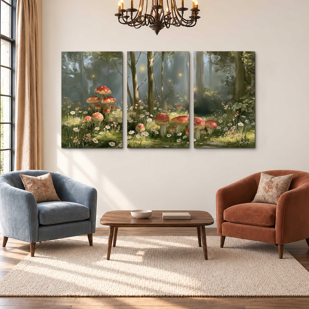 Red-capped mushrooms and white flowers beside tall trees in a sunlit forest 3 piece canvas wall art styled in an interior
