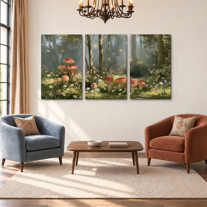 Red-capped mushrooms and white flowers beside tall trees in a sunlit forest 3 piece canvas wall art styled in an interior