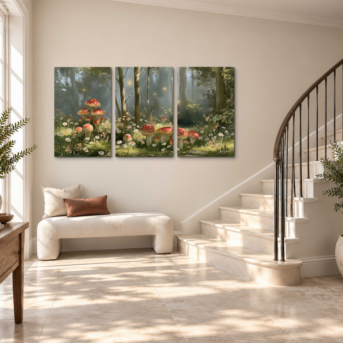 Red-capped mushrooms and white flowers beside tall trees in a sunlit forest 3 piece canvas wall art styled in an interior
