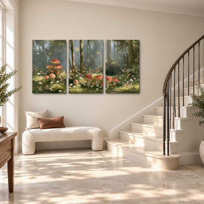 Red-capped mushrooms and white flowers beside tall trees in a sunlit forest 3 piece canvas wall art styled in an interior