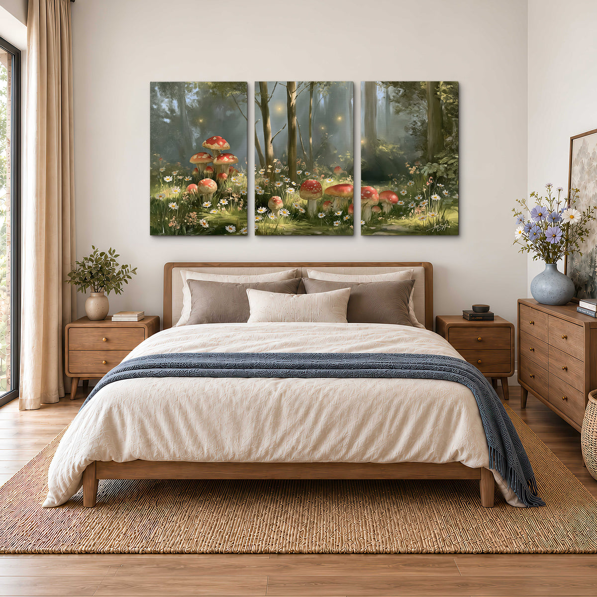 Red-capped mushrooms and white flowers beside tall trees in a sunlit forest 3 piece canvas wall art styled in an interior