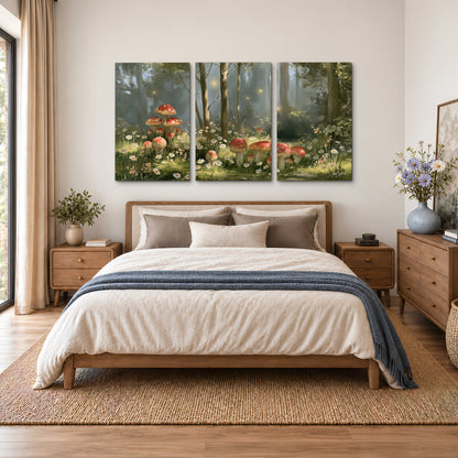 Red-capped mushrooms and white flowers beside tall trees in a sunlit forest 3 piece canvas wall art styled in an interior