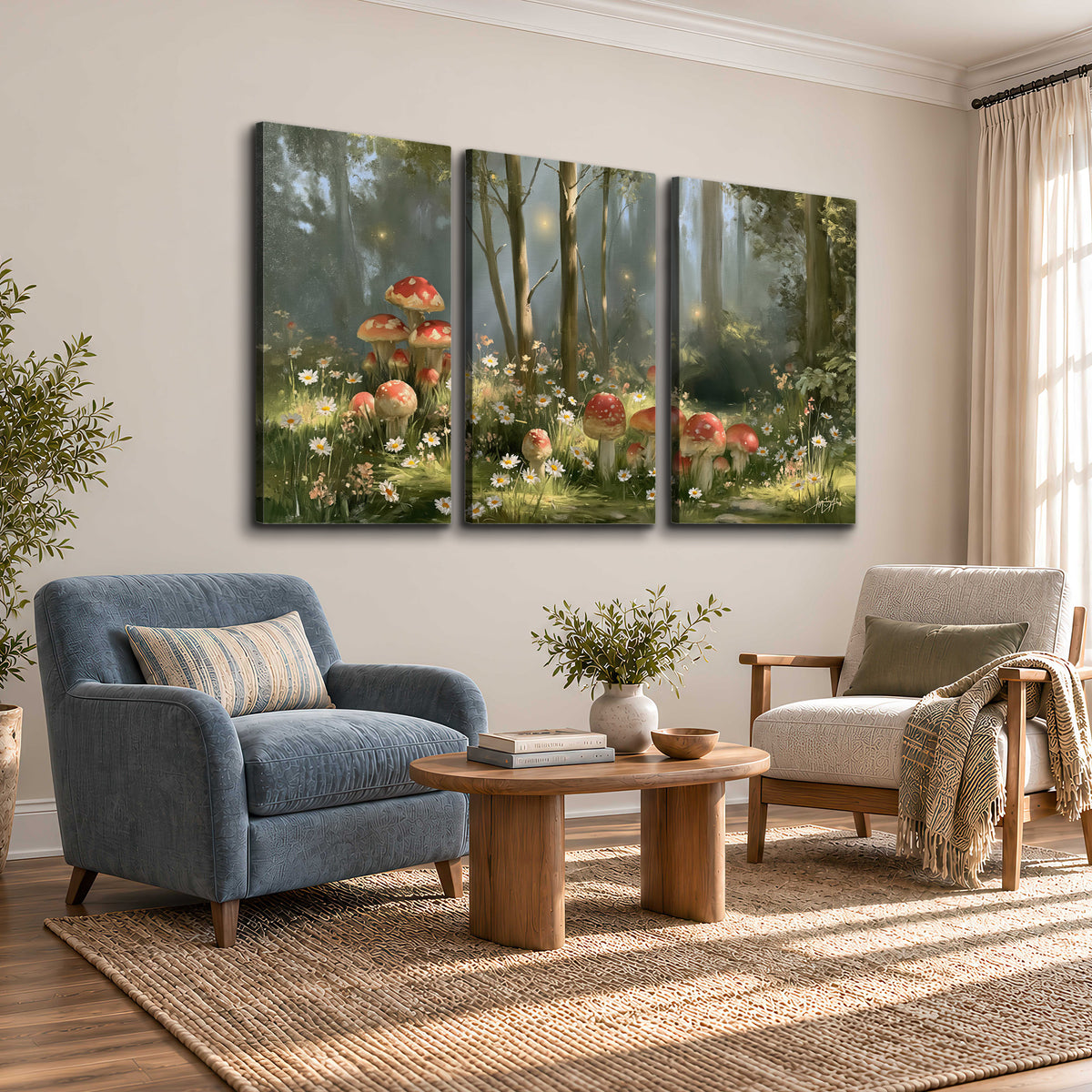 Red-capped mushrooms and white flowers beside tall trees in a sunlit forest 3 piece canvas wall art styled in an interior