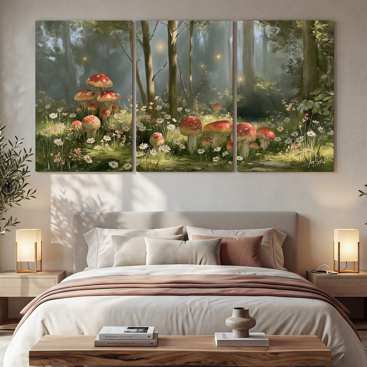 Red-capped mushrooms and white flowers beside tall trees in a sunlit forest 3 piece canvas wall art displayed in a bedroom