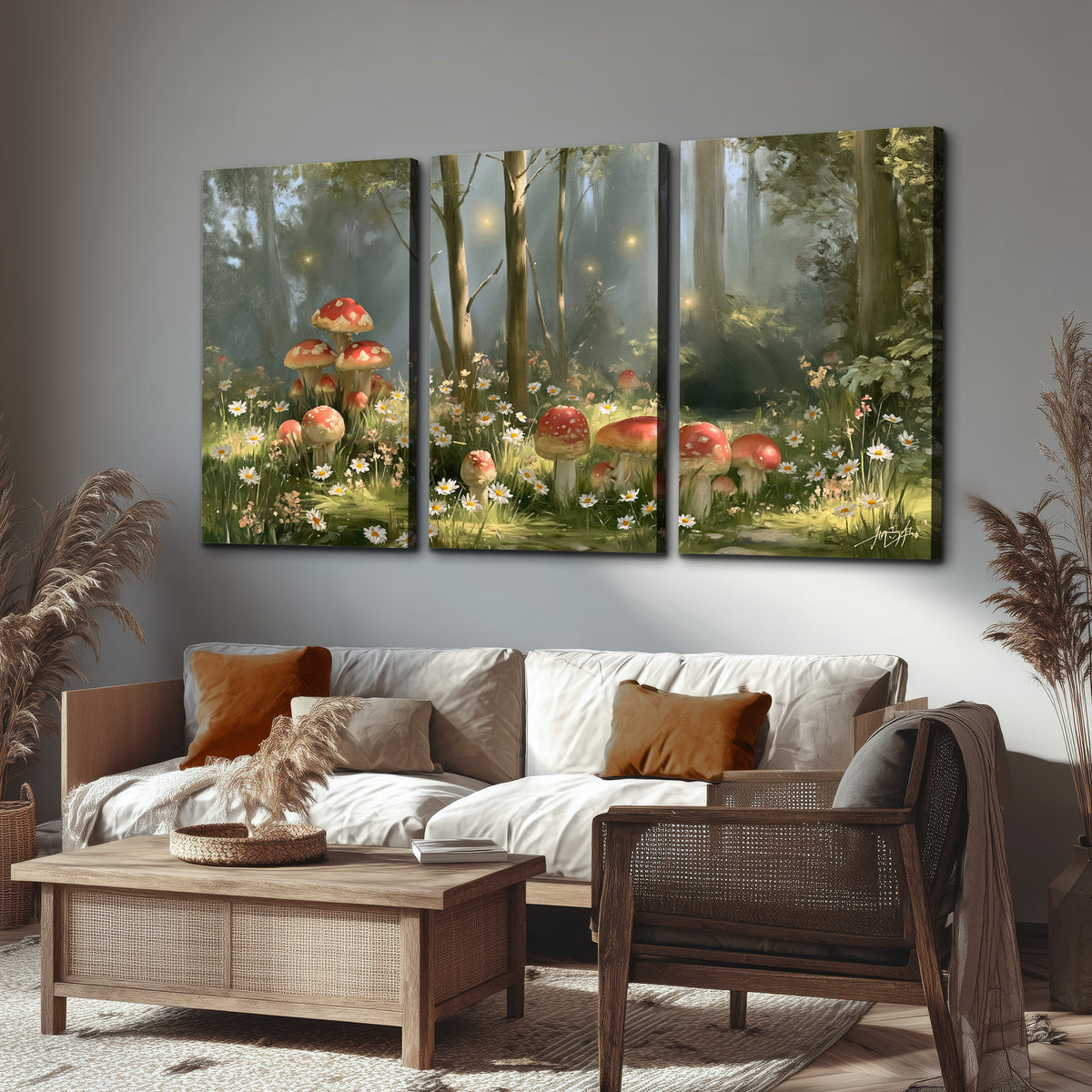 Red-capped mushrooms and white flowers beside tall trees in a sunlit forest 3 piece canvas wall art displayed in a rustic living room