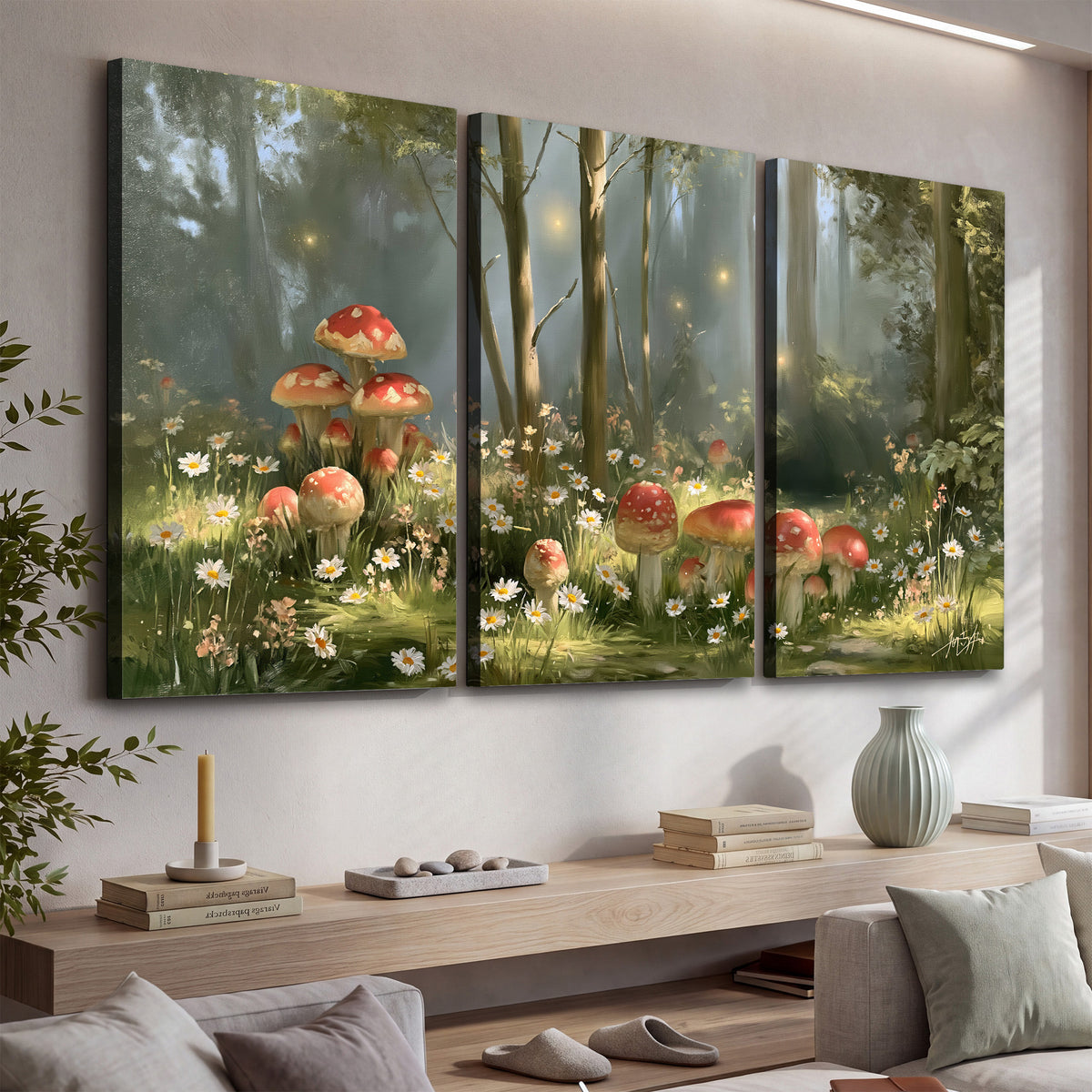 Red-capped mushrooms and white flowers beside tall trees in a sunlit forest 3 piece canvas wall art displayed in a console