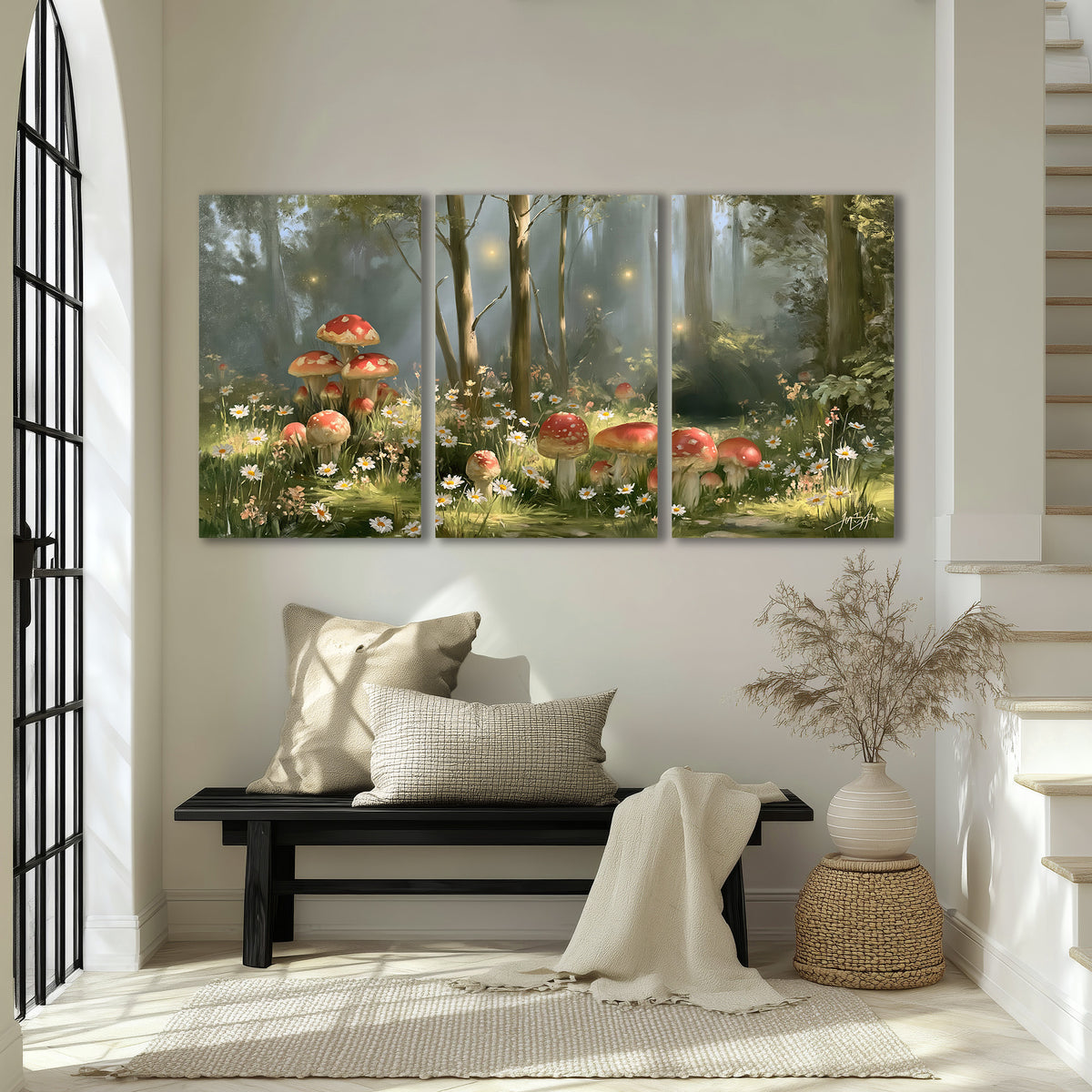 Red-capped mushrooms and white flowers beside tall trees in a sunlit forest 3 piece canvas wall art displayed in a entryway