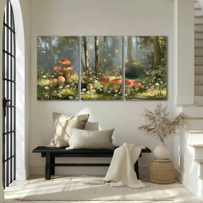 Red-capped mushrooms and white flowers beside tall trees in a sunlit forest 3 piece canvas wall art displayed in a entryway