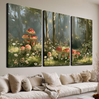 Red-capped mushrooms and white flowers beside tall trees in a sunlit forest 3 piece canvas wall art room and product view