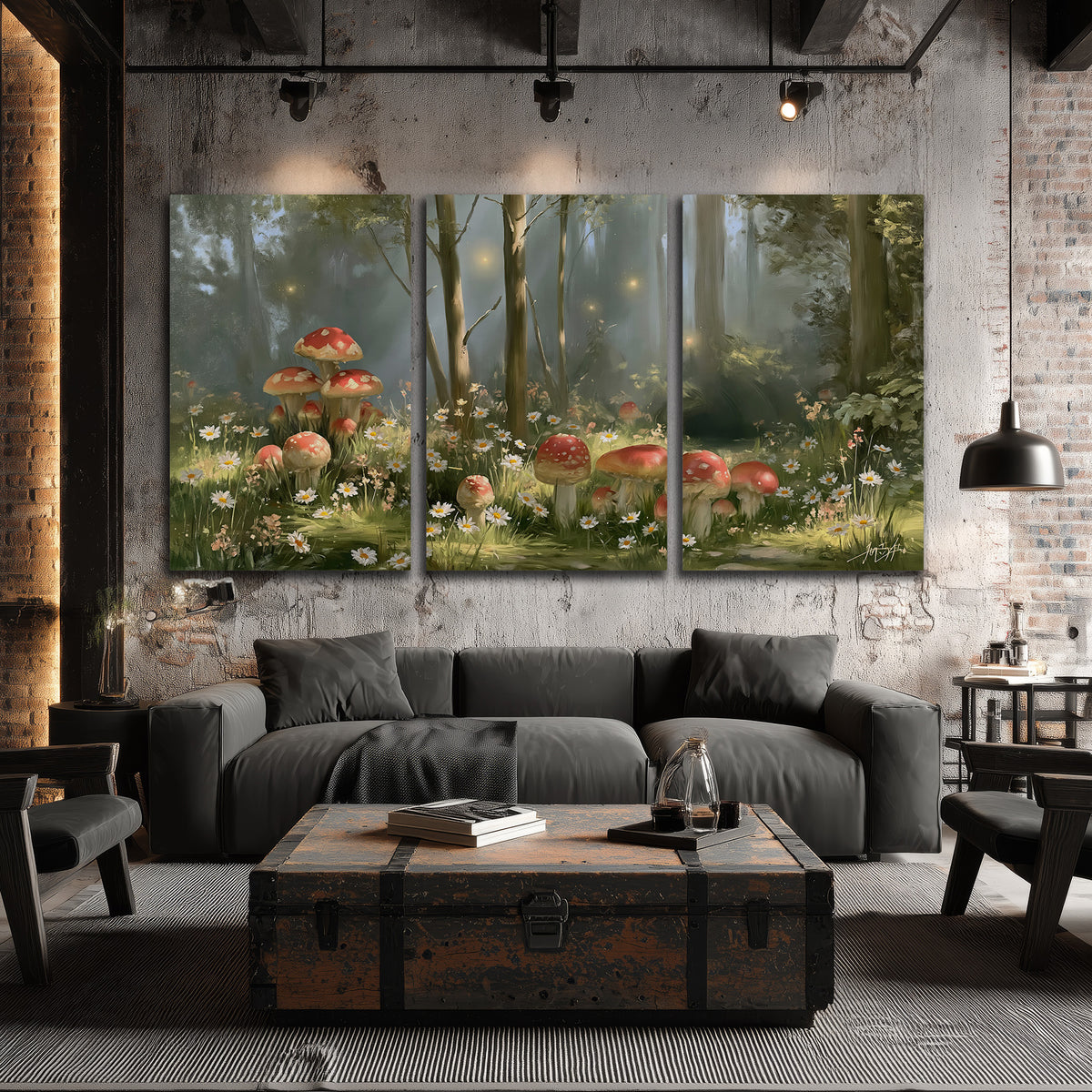 Red-capped mushrooms and white flowers beside tall trees in a sunlit forest 3 piece canvas wall art displayed in a industrial room