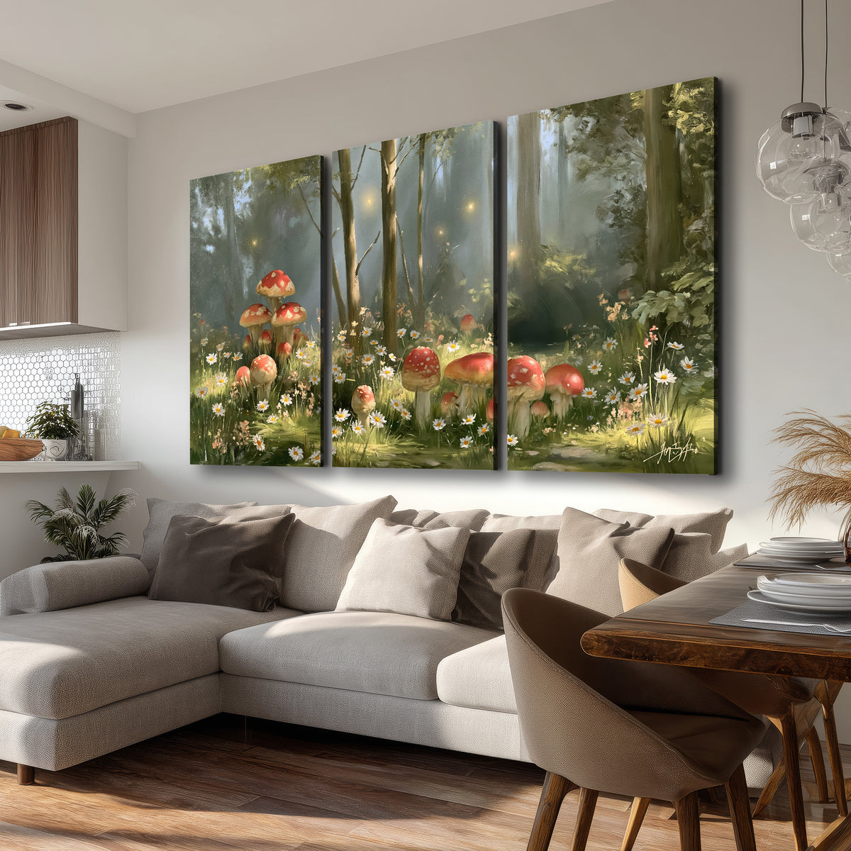 Red-capped mushrooms and white flowers beside tall trees in a sunlit forest 3 piece canvas wall art room and product view