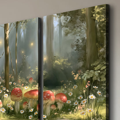 Red-capped mushrooms and white flowers beside tall trees in a sunlit forest 3 piece canvas wall art room and product view