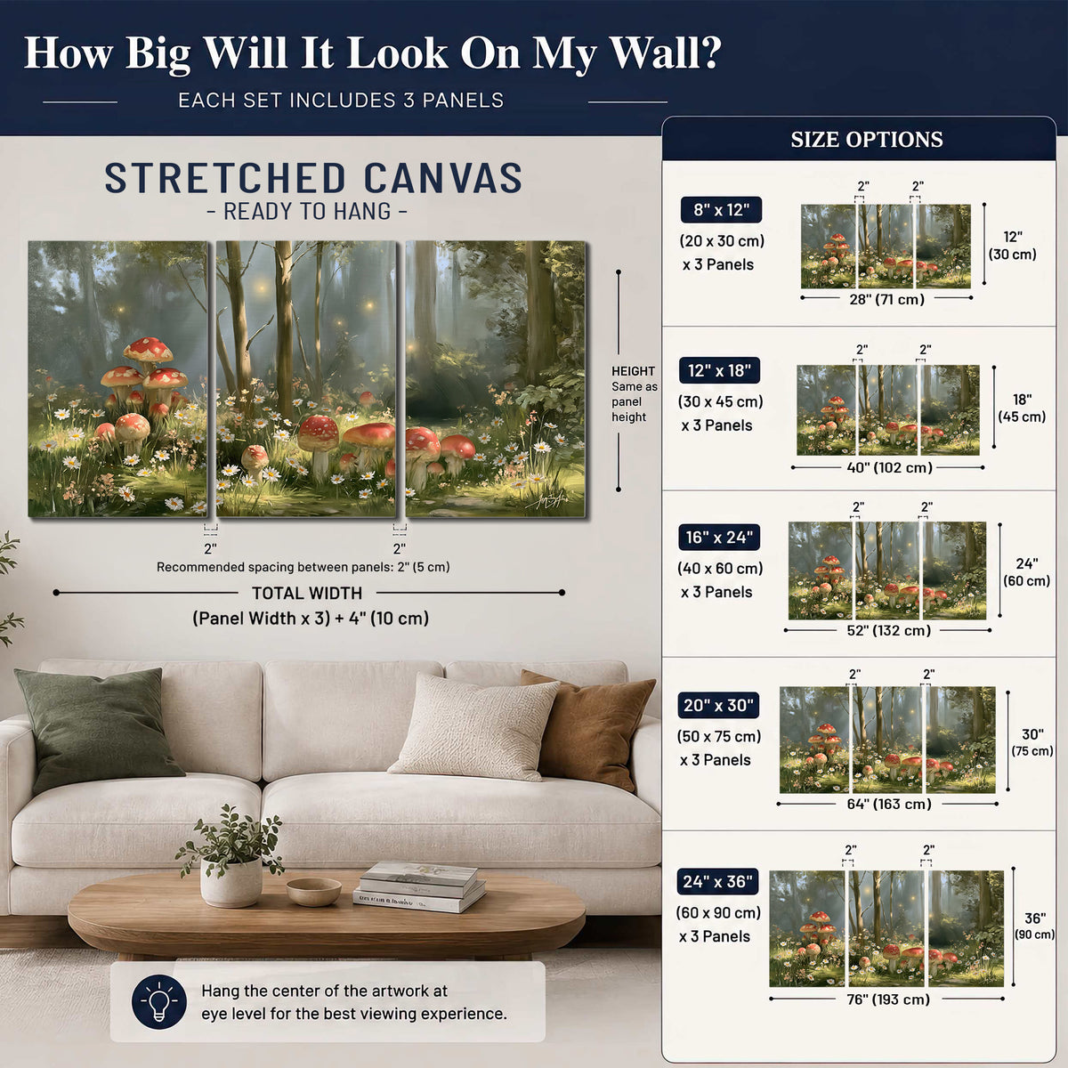 Red-capped mushrooms and white flowers beside tall trees in a sunlit forest 3 piece canvas wall art size guide above a sofa; room view is illustrative
