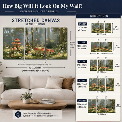 Red-capped mushrooms and white flowers beside tall trees in a sunlit forest 3 piece canvas wall art size guide above a sofa; room view is illustrative