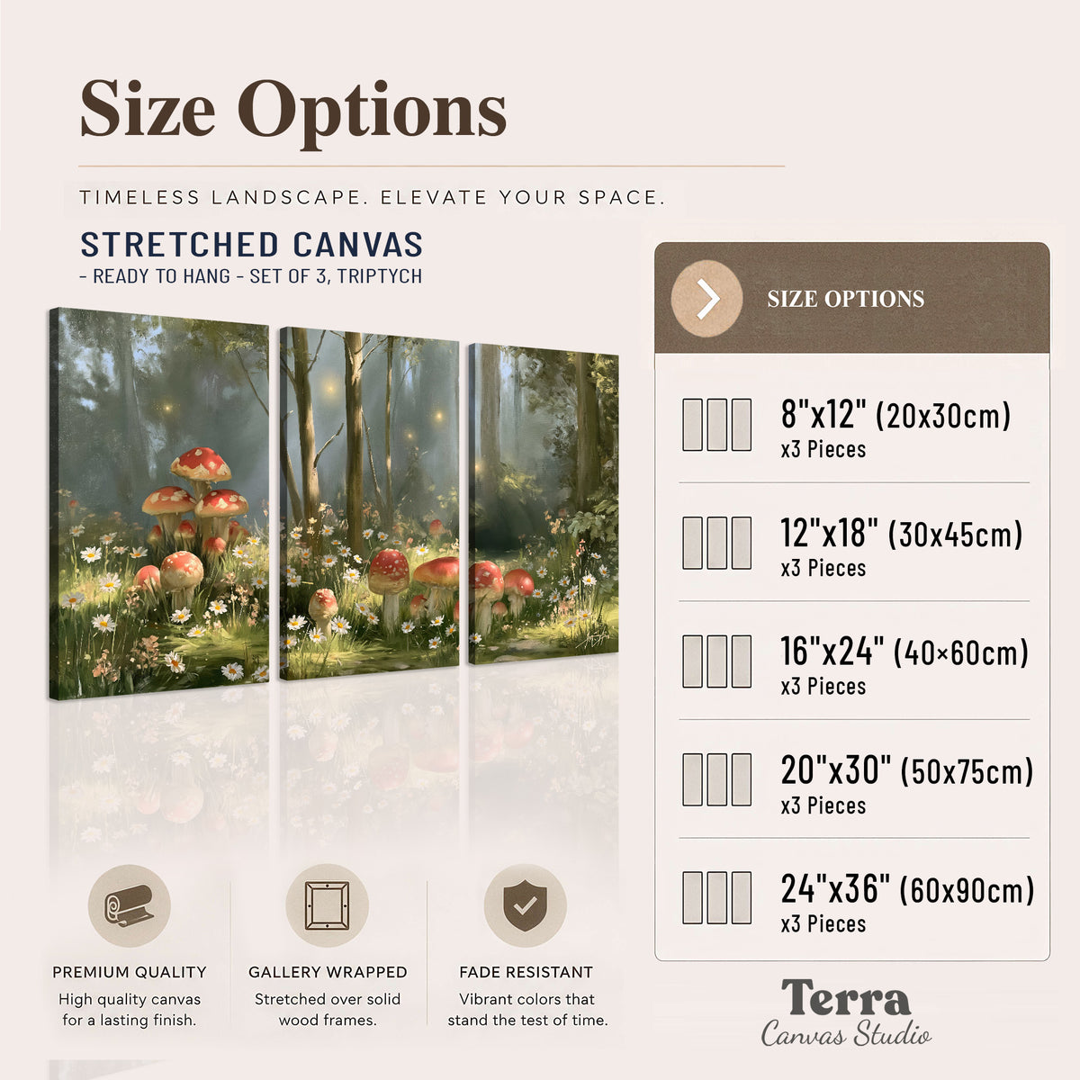 Red-capped mushrooms and white flowers beside tall trees in a sunlit forest 3 piece canvas wall art available dimensions; triptych dimensions are per panel