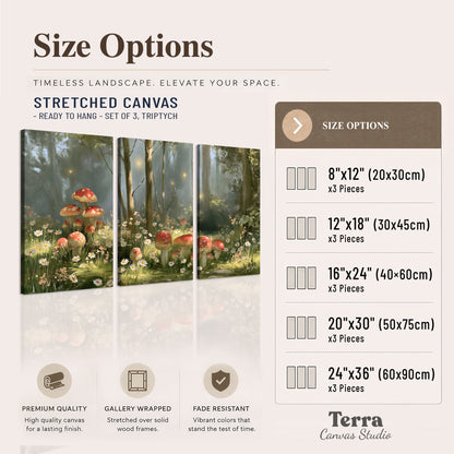 Red-capped mushrooms and white flowers beside tall trees in a sunlit forest 3 piece canvas wall art available dimensions; triptych dimensions are per panel