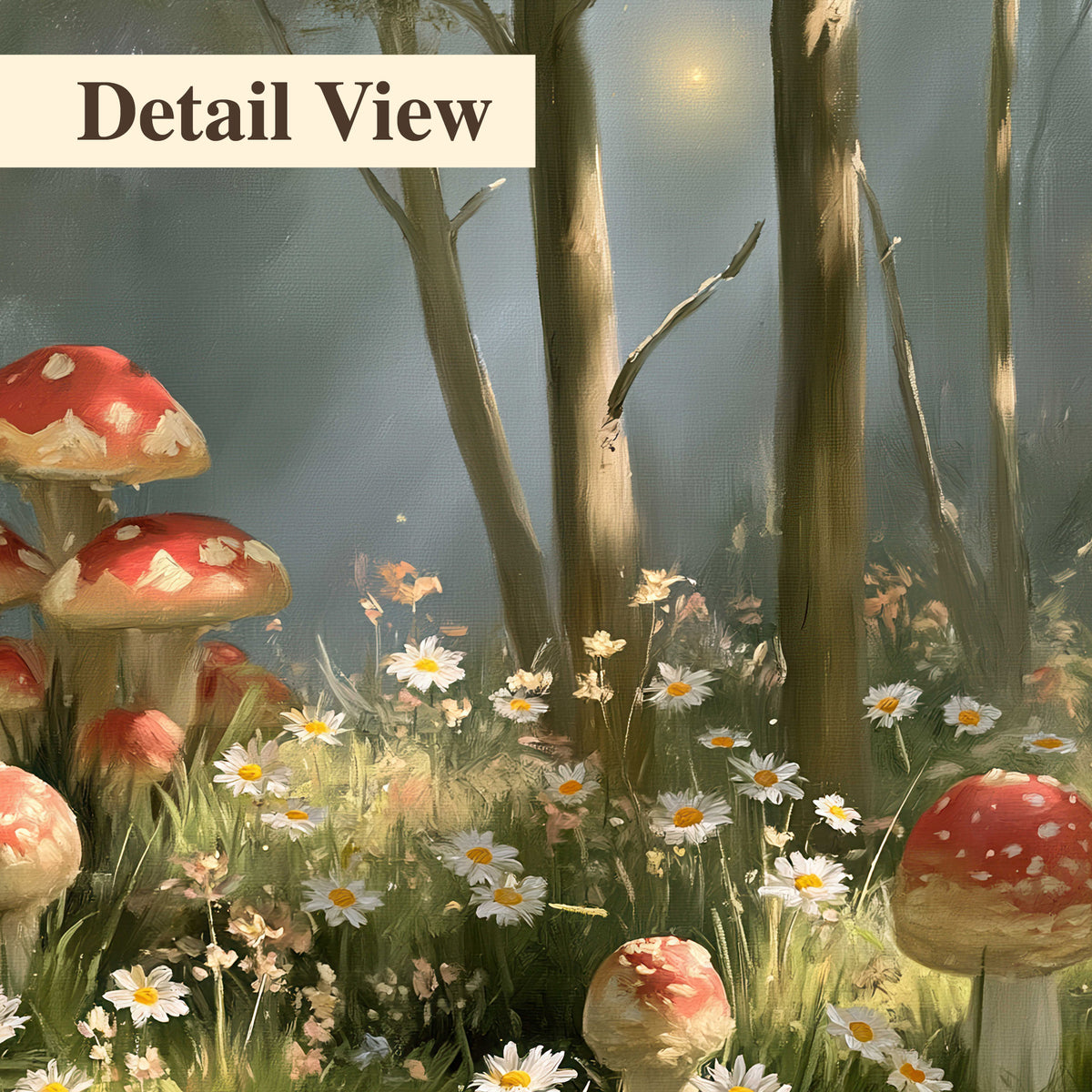 Red-capped mushrooms and white flowers beside tall trees in a sunlit forest 3 piece canvas wall art artwork detail close up