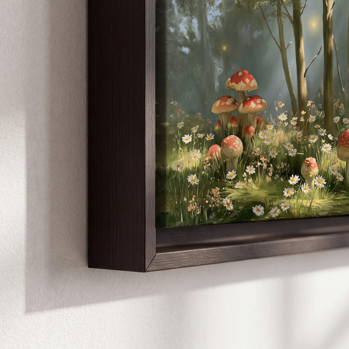 Red-capped mushrooms and white flowers beside tall trees in a sunlit forest 3 piece framed canvas wall art material and edge close up