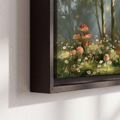 Red-capped mushrooms and white flowers beside tall trees in a sunlit forest 3 piece framed canvas wall art material and edge close up